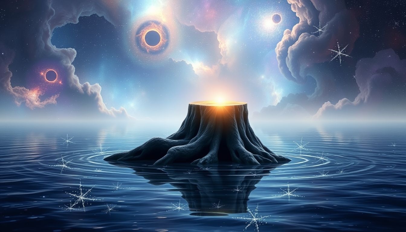 Een boomstronk in water symboliseert emotionele vernieuwing en loslaten.