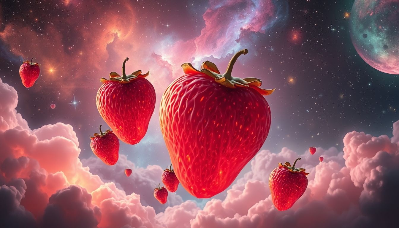 Gigantische zijdeaardbeien symboliseren overvloed en zintuiglijk genot.