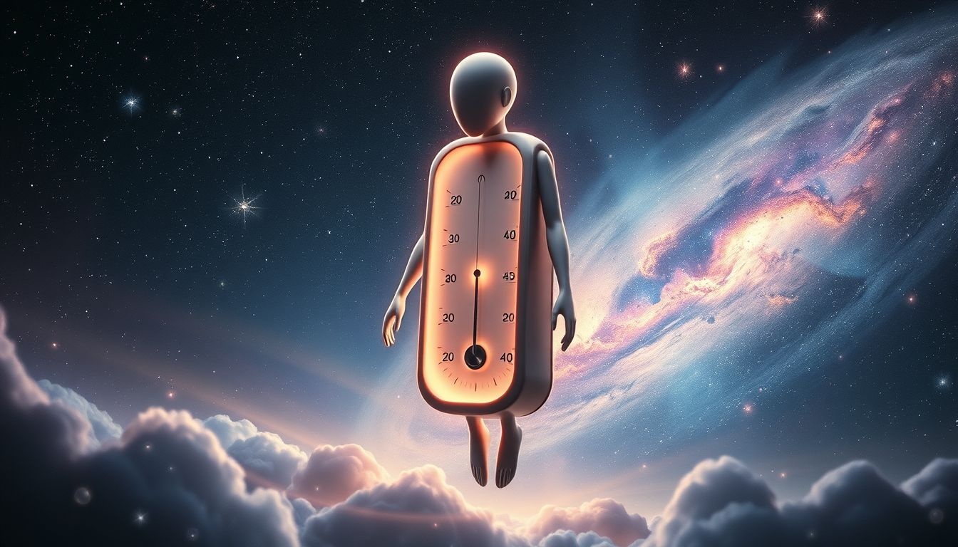 Een metronoom in menselijke vorm symboliseert levensritme en balans.