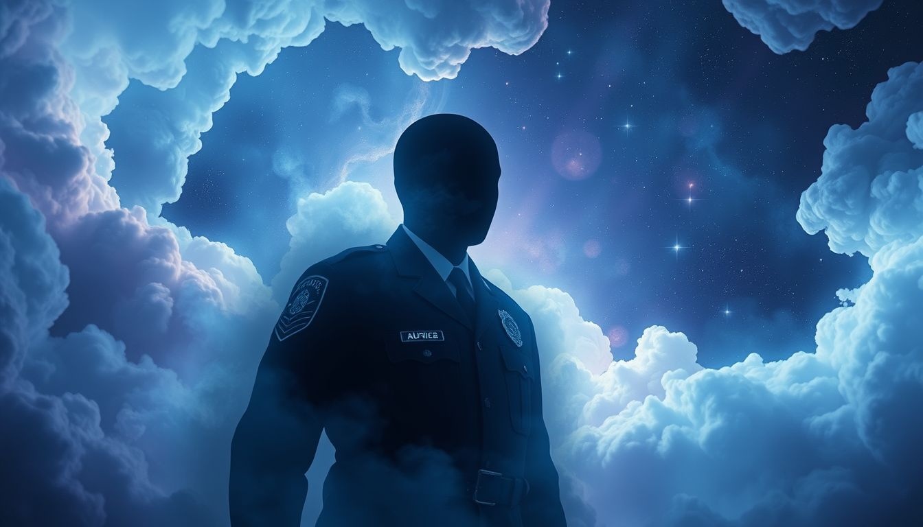 Een gezichtsloze politieagent symboliseert autoriteitsangst en onzekerheid.