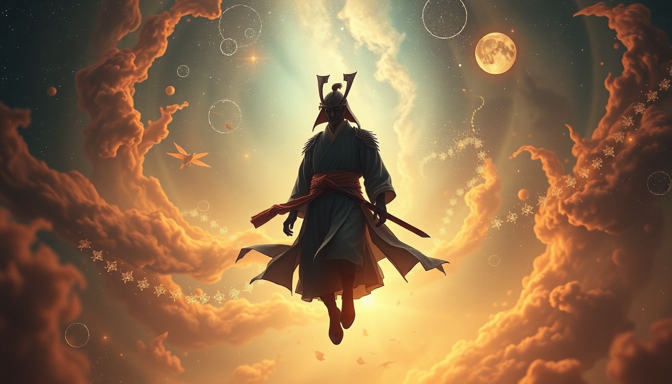 Een samoerai in moderne kleding symboliseert eer met hedendaagse uitdagingen.