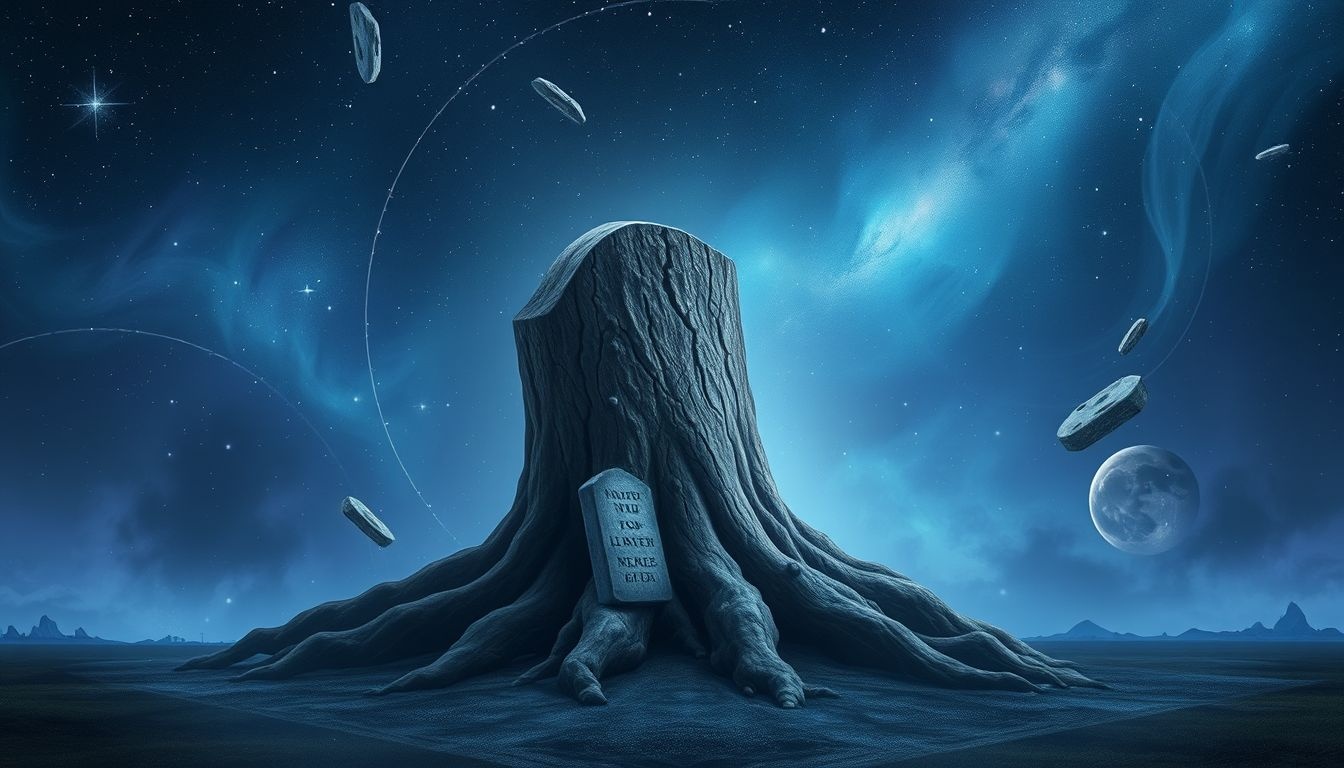 Een boomstronk als grafsteen symboliseert oud verdriet of verlies.