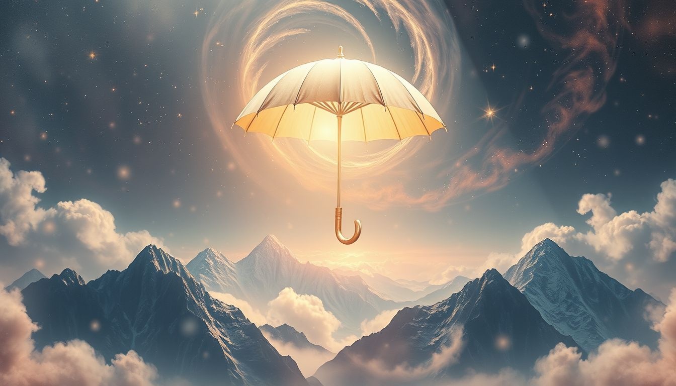 Een parasol in de bergen symboliseert bescherming tegen onverwachte uitdagingen.