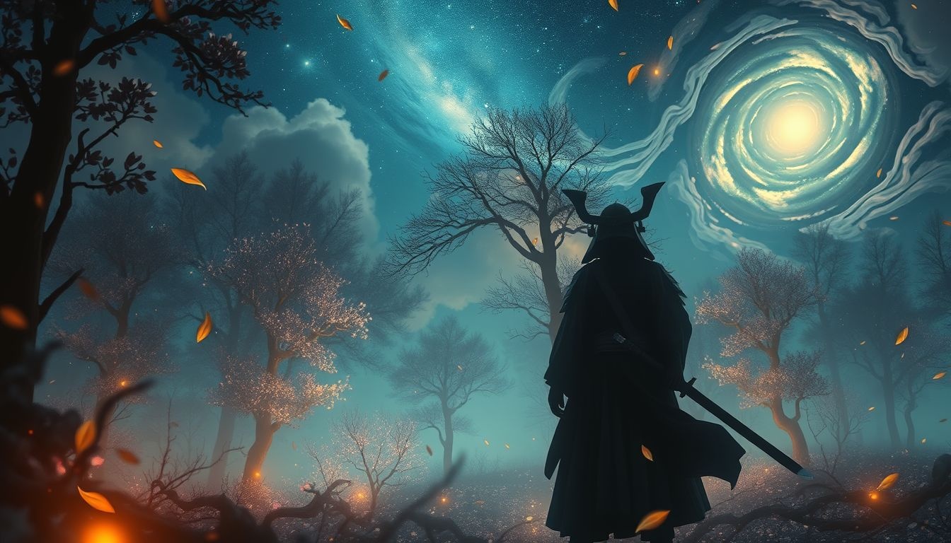 Een samoerai in een bos symboliseert innerlijke kracht en avontuur.