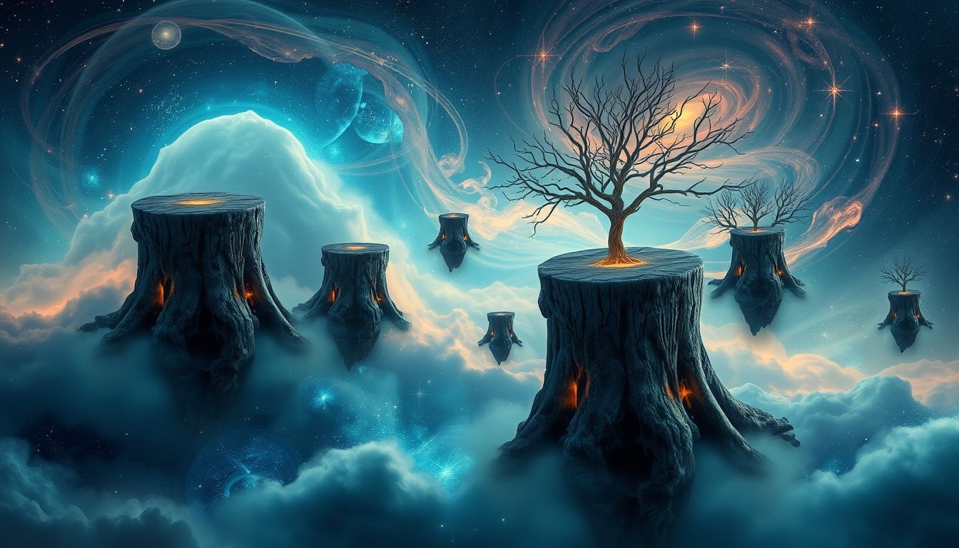 Meerdere boomstronken symboliseren groei en verborgen levensfasen.