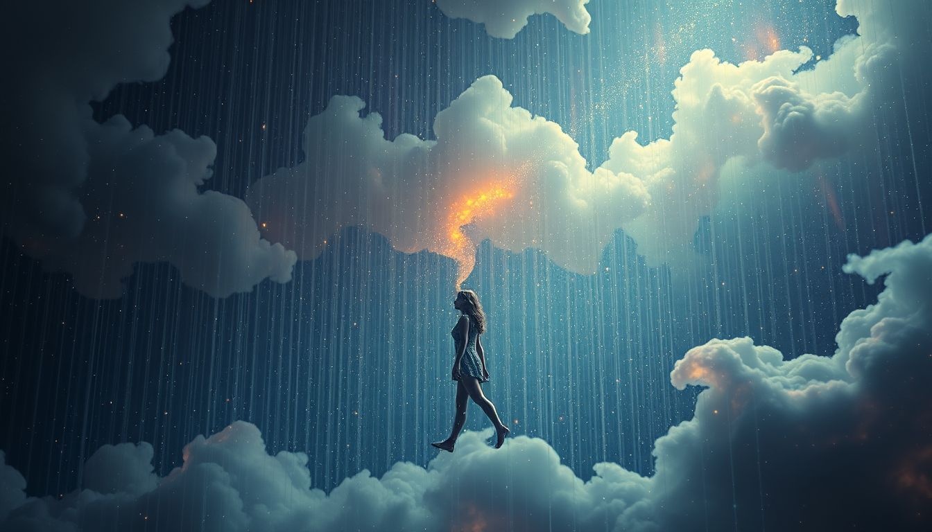 Slaapwandelen in de regen symboliseert emotionele reiniging en onzekerheid.