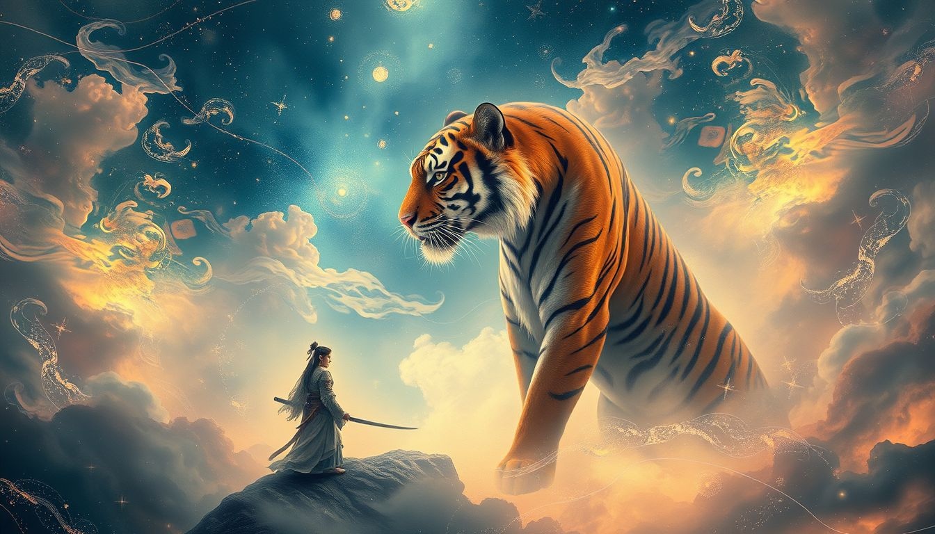 Een samurai en tijger symboliseren kracht en innerlijke strijd.