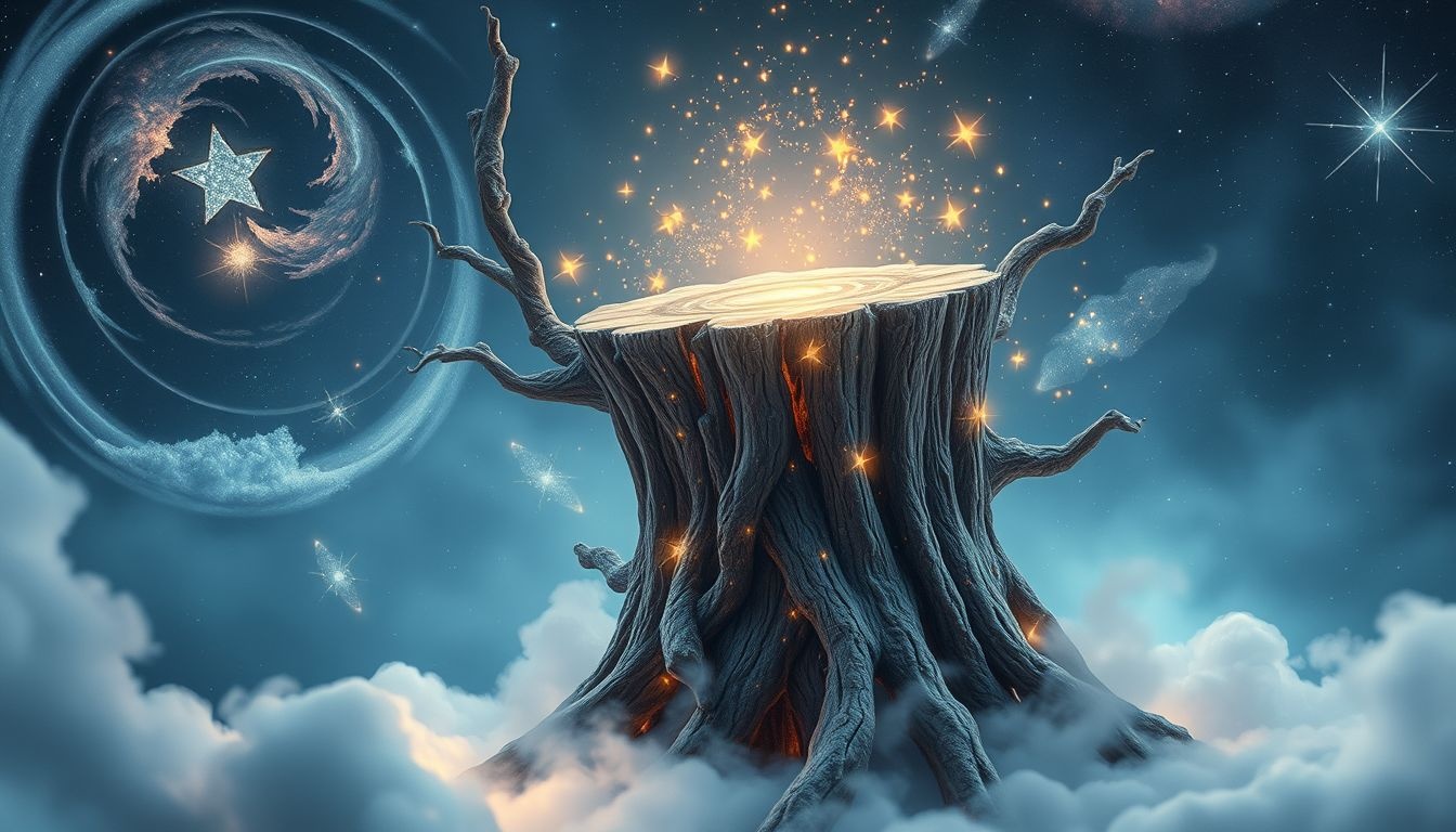 Een boomstronk als kunstwerk symboliseert groei uit oude wortels.