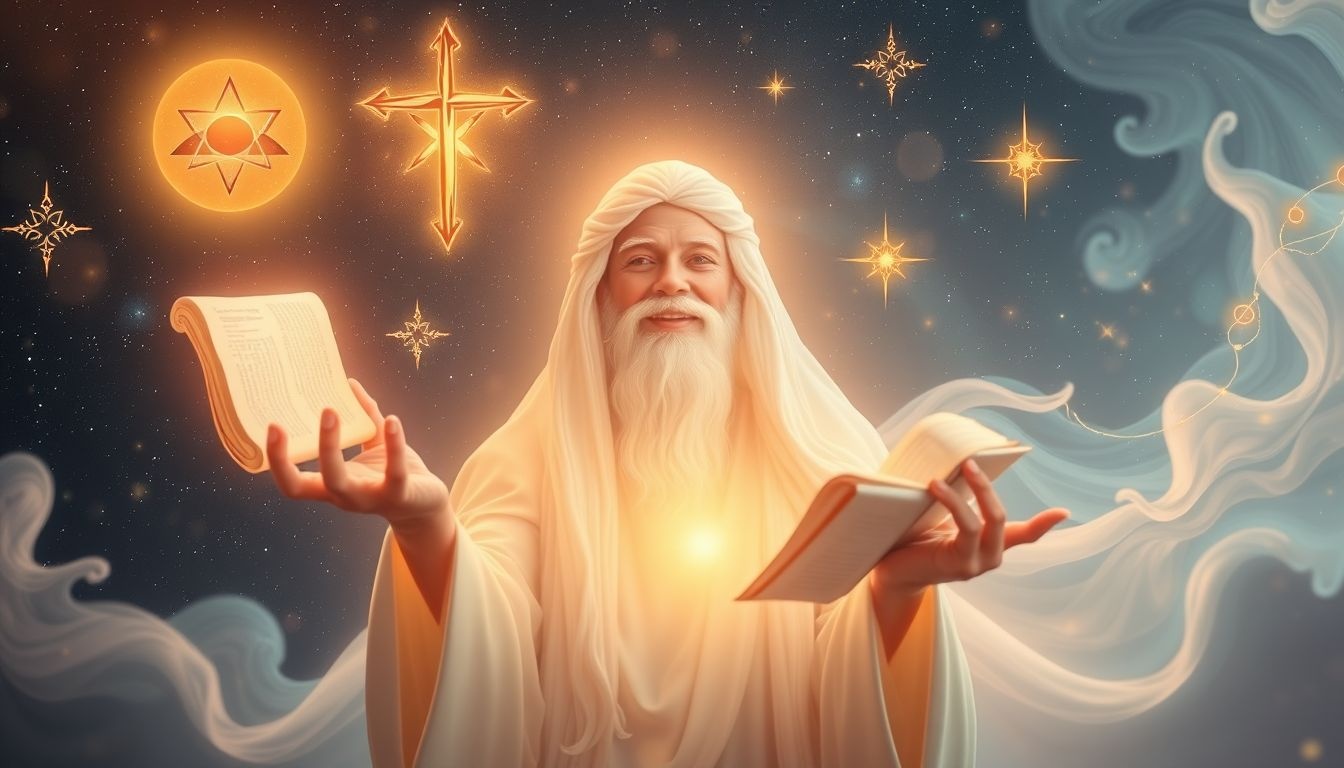 Een lachende theoloog symboliseert innerlijke vrede en wijsheid.