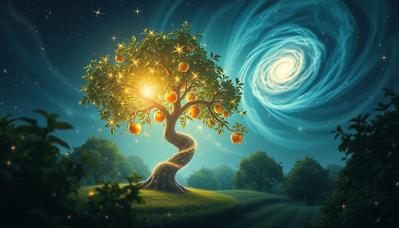 Een appelboom in een boomgaard symboliseert vruchtbaarheid en groei.