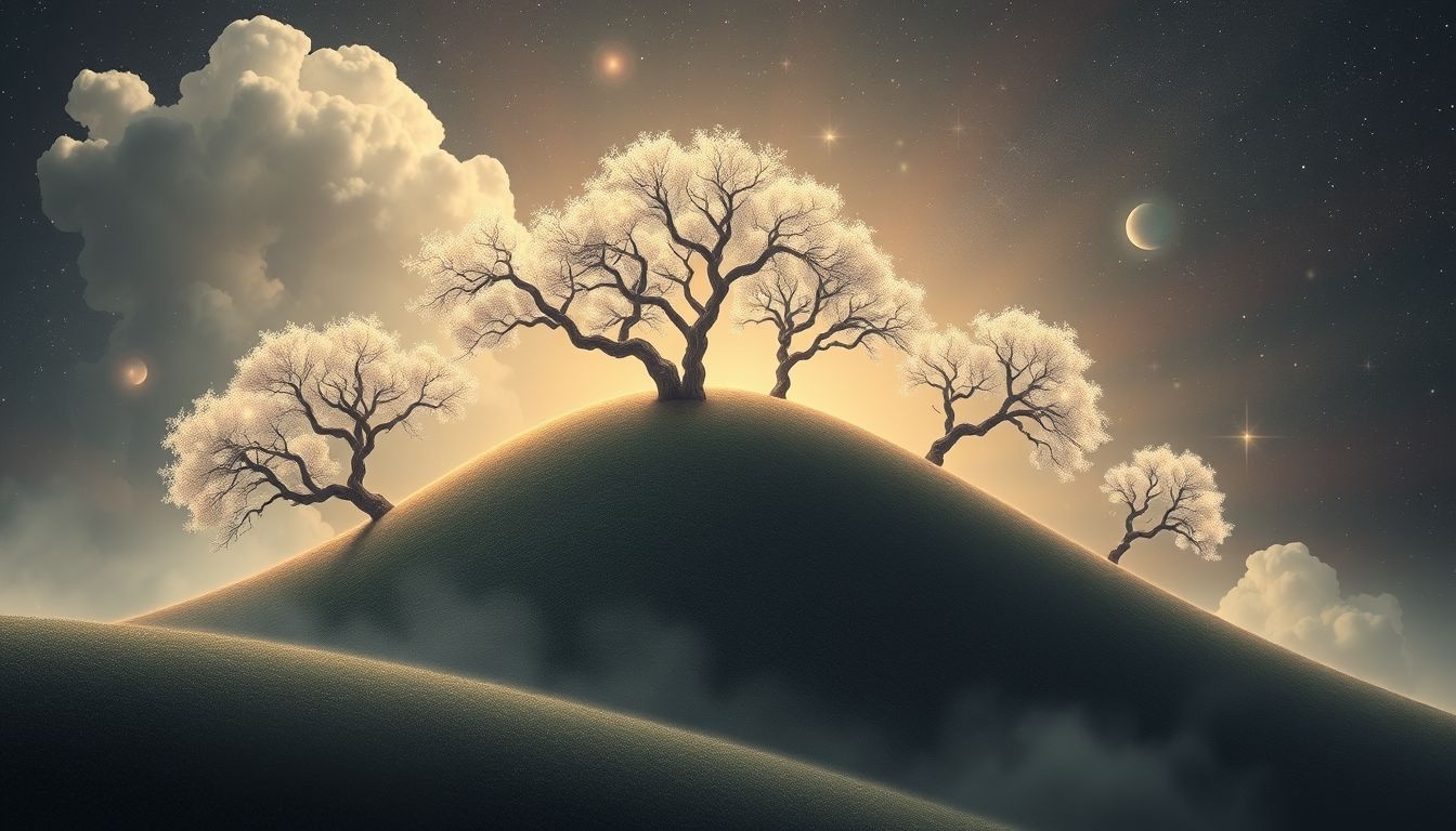 Een helling met bomen symboliseert verborgen obstakels en persoonlijke groei.