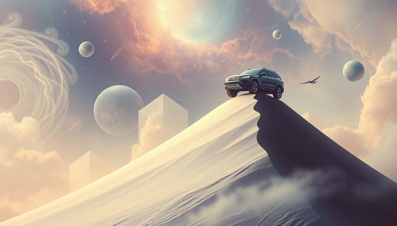 Een auto op een helling symboliseert controle over persoonlijke uitdagingen.