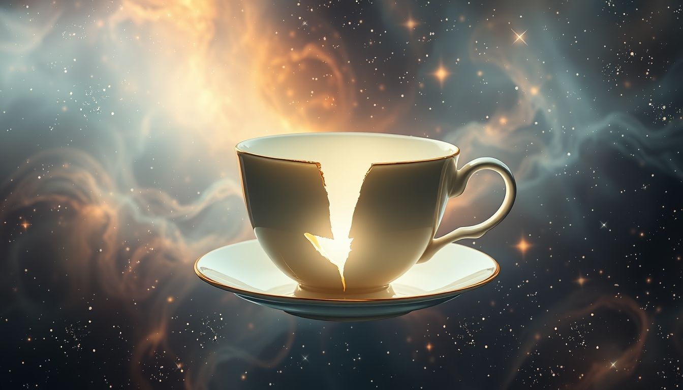 Een barst in een theekopje symboliseert kwetsbaarheid en verandering.