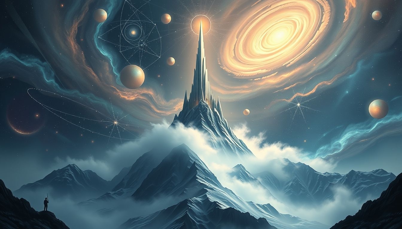 Een toren op een berg symboliseert spirituele groei en inzicht.