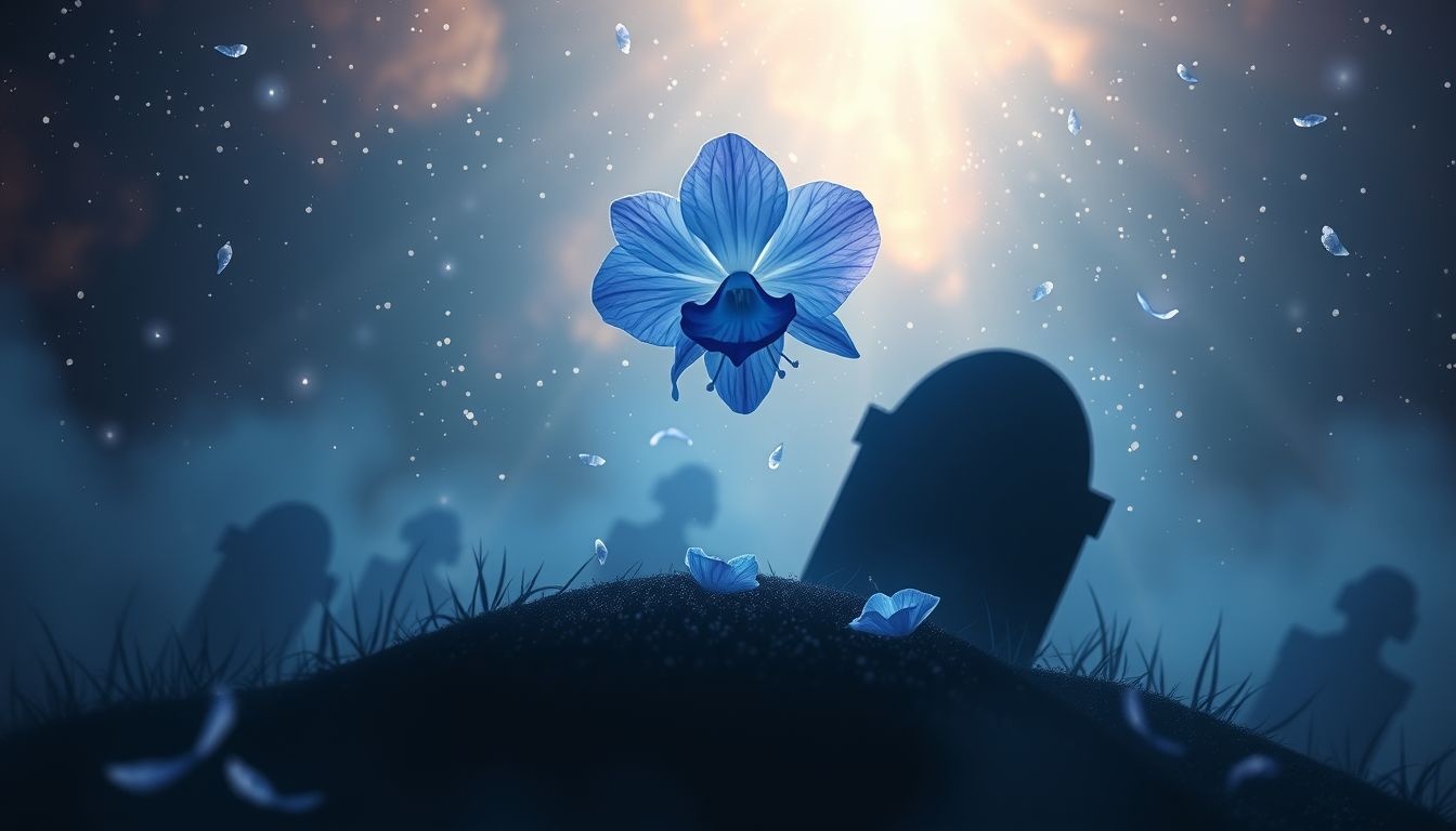 Akelei op een graf symboliseert herinnering en spirituele bescherming.