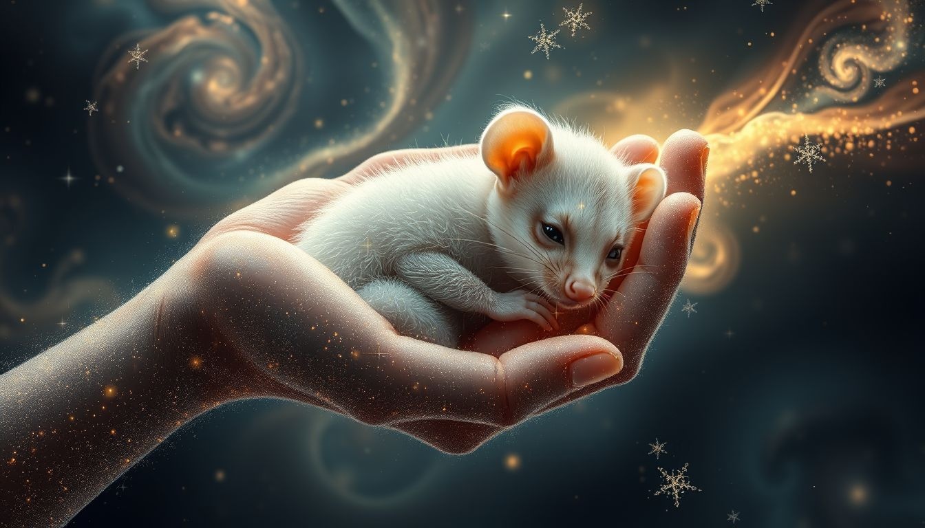 Een baby-opossum symboliseert kwetsbaarheid en een nieuw leven.