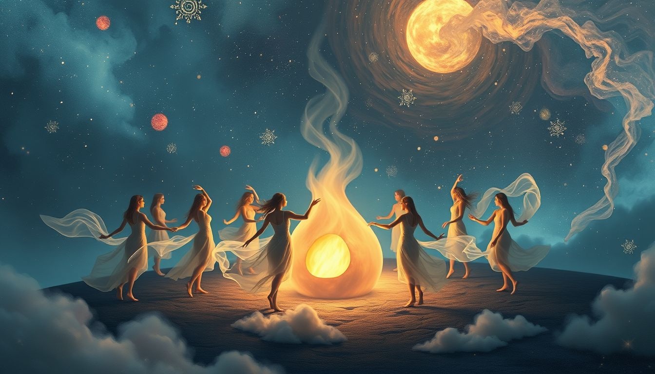 Dromen dansen rond houtskoolbranders symboliseert innerlijke transformatie en passie.