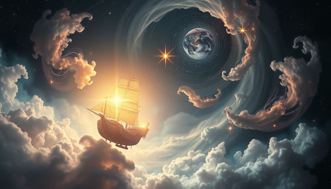 Dromen over Poolster en schip symboliseren richting en levensreis.