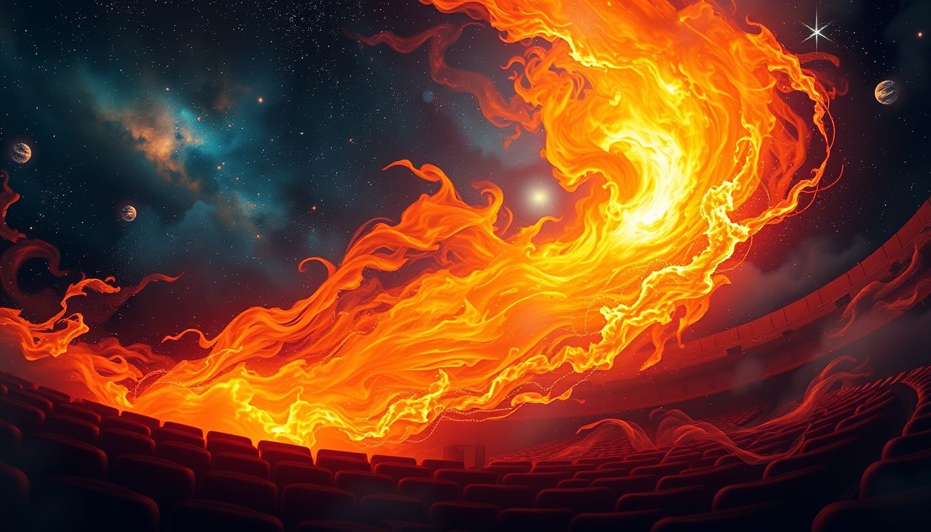 Dromen over brandend auditorium symboliseert intense emotionele transformatie.