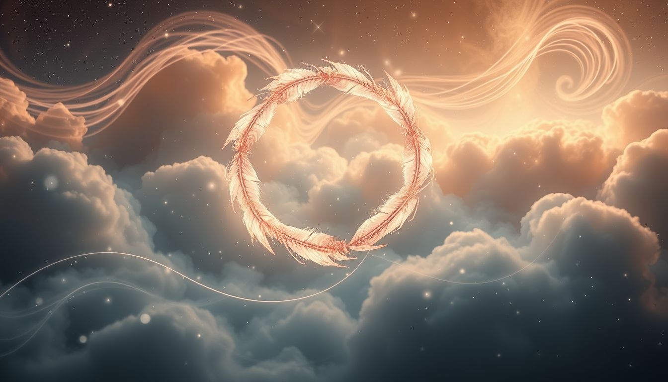 Dromen over een krans van veren symboliseert spirituele bescherming en vrijheid.