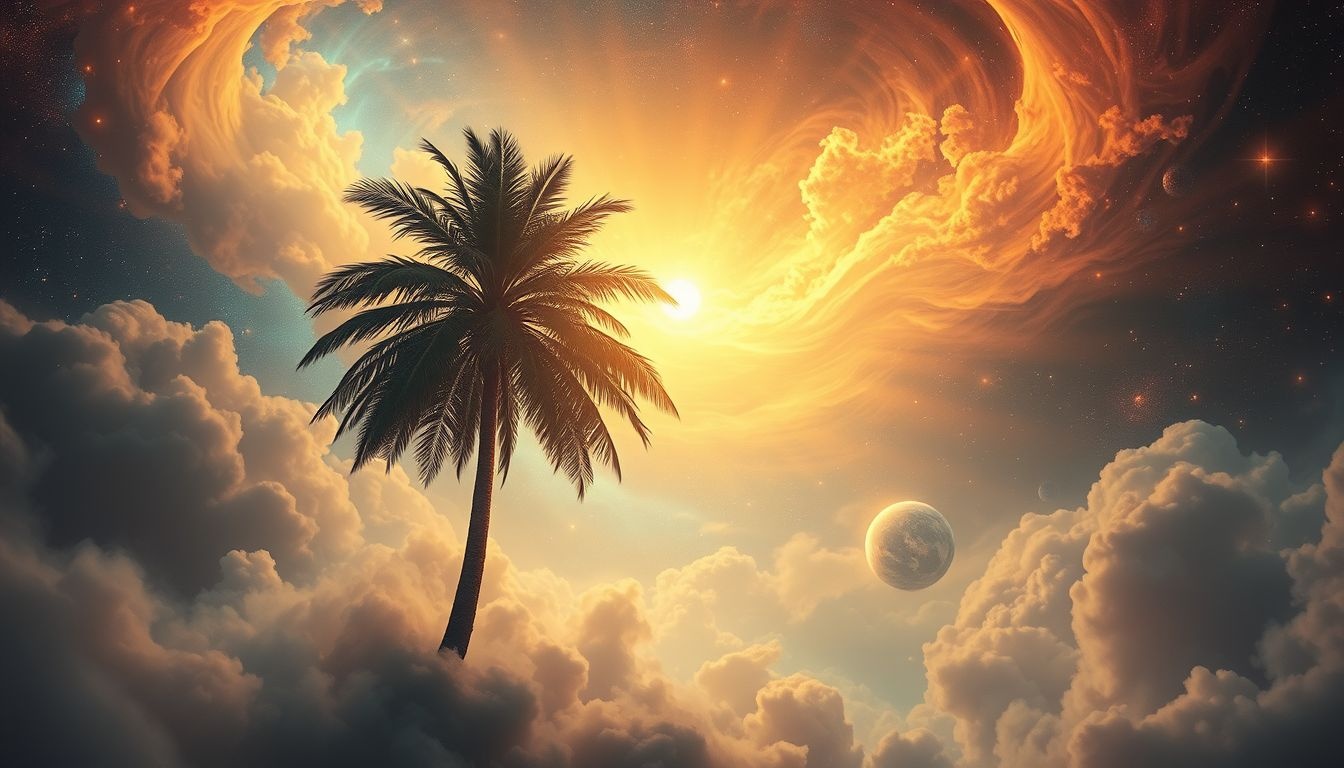 Een brandende palmboom symboliseert verlies van innerlijke kracht.