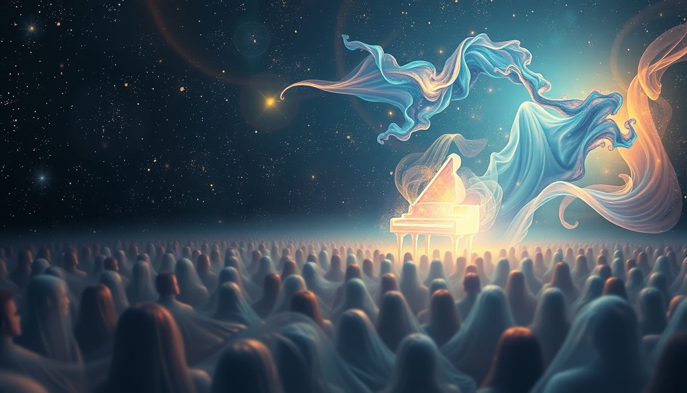 Dromen over piano in menigte weerspiegelt innerlijke conflicten en expressie.