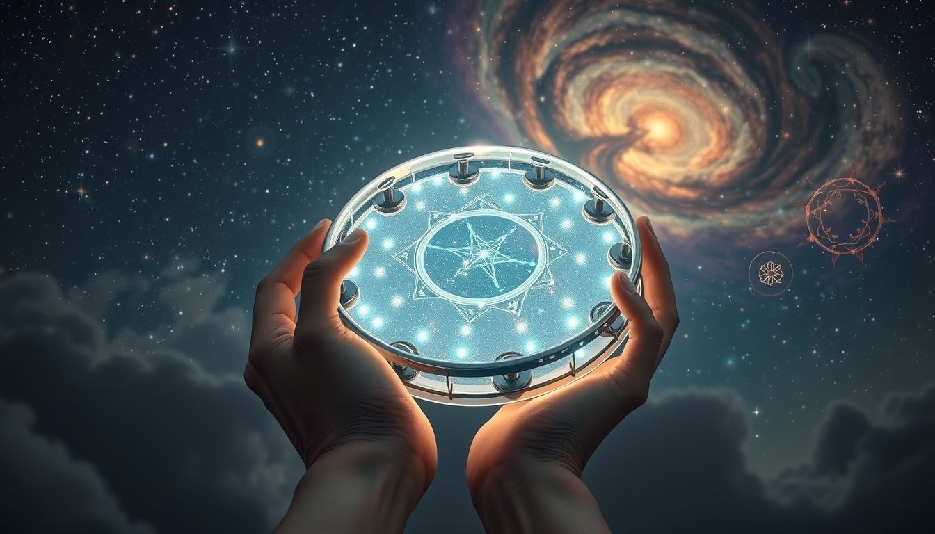 Een oudere met tamboerijn symboliseert levenswijsheid en innerlijke harmonie.