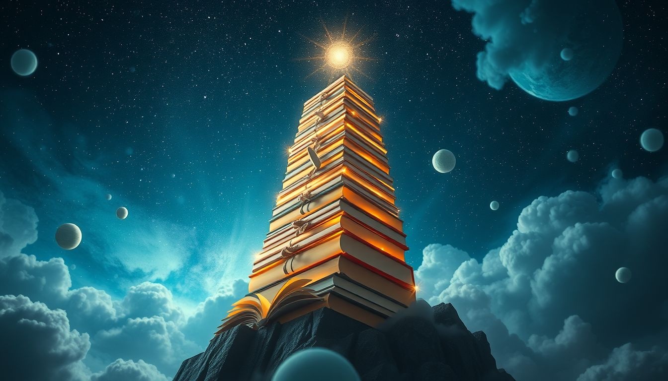 Een toren vol boeken symboliseert wijsheid en kennis in dromen.