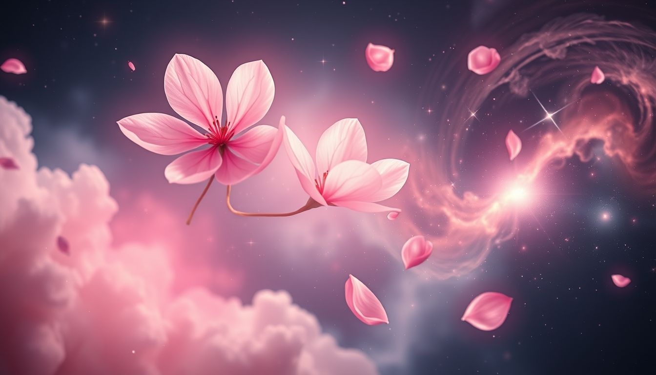 Roze bloesem symboliseert zachte vrouwelijkheid en vergankelijke schoonheid.