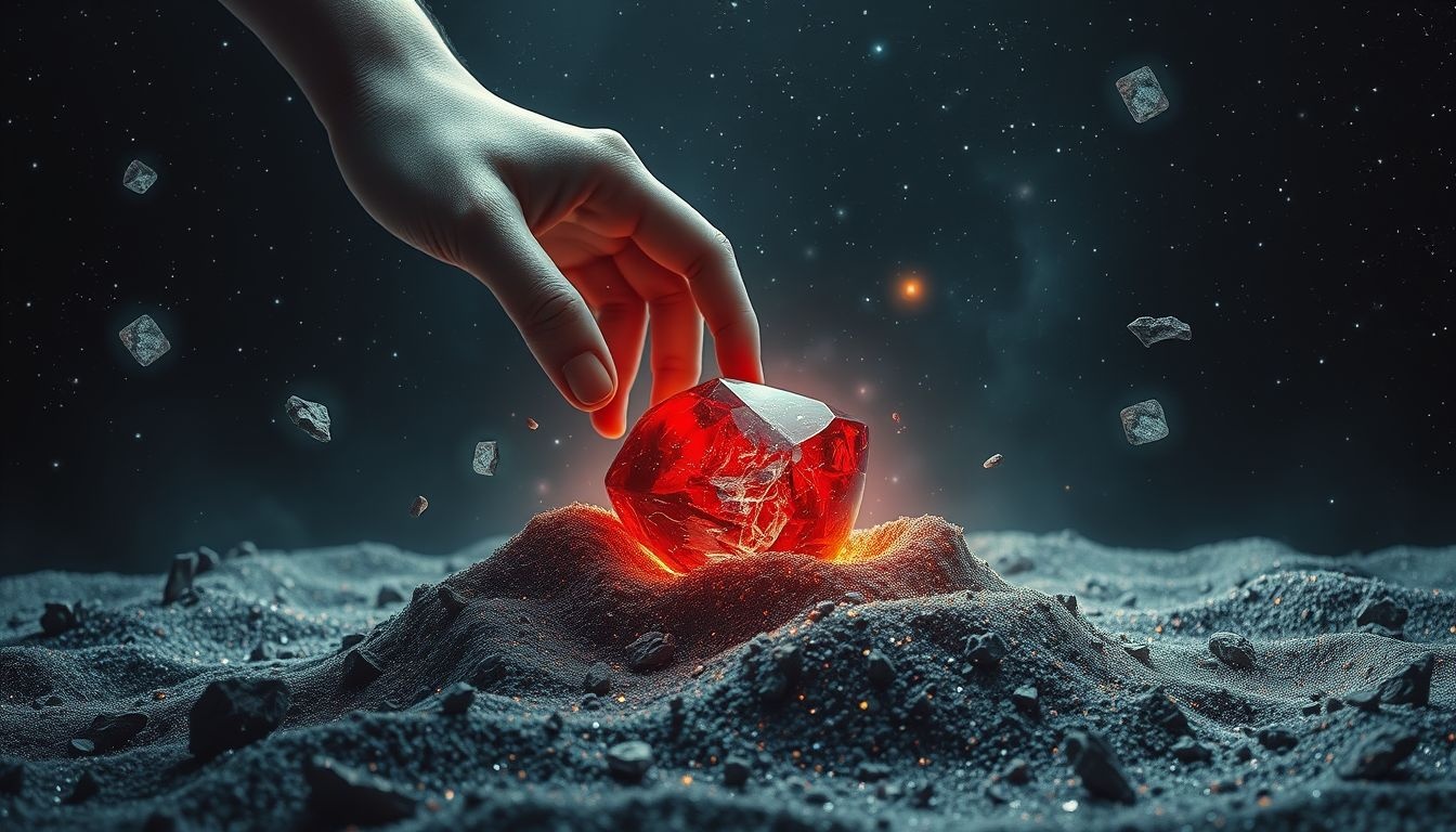 Een bloedsteen in de aarde symboliseert verborgen kracht en heling.