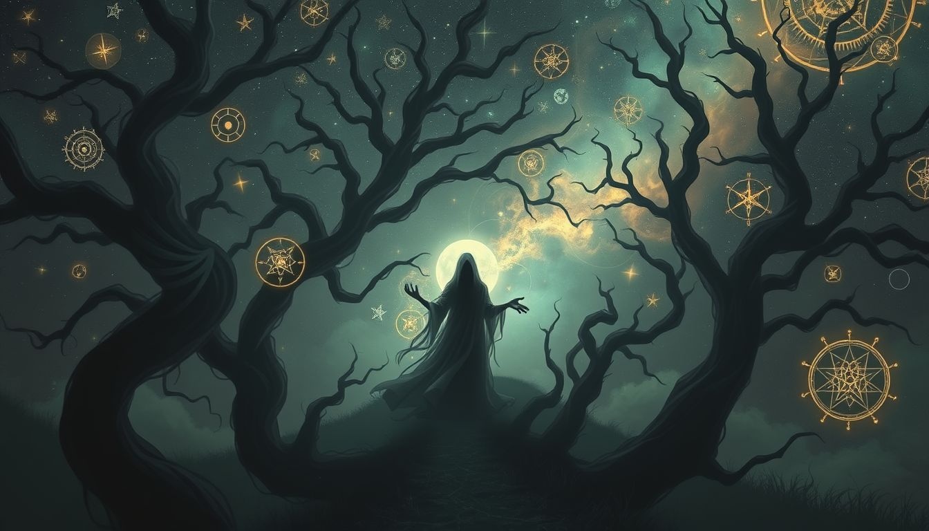Een necromancer in donker bos symboliseert verborgen angst en transformatie.