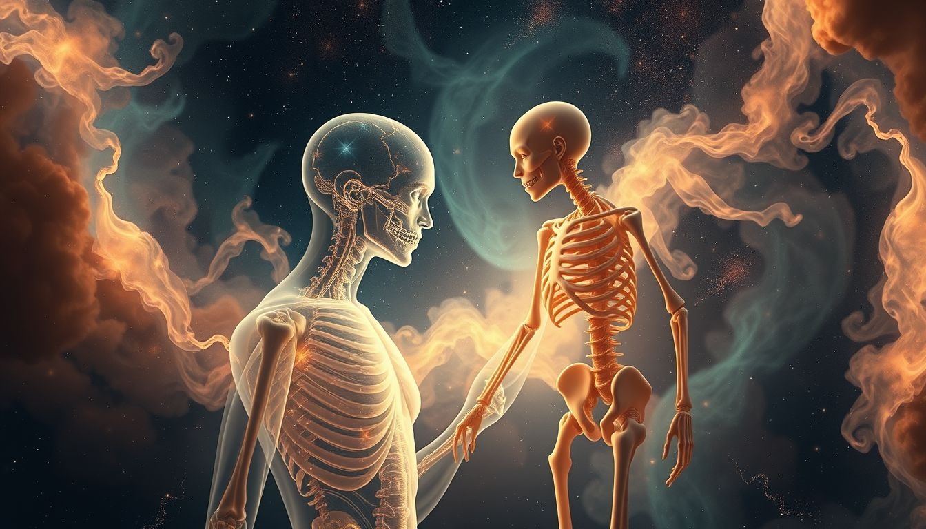 Een gesprek met een anatomisch model symboliseert zelfinzicht en groei.