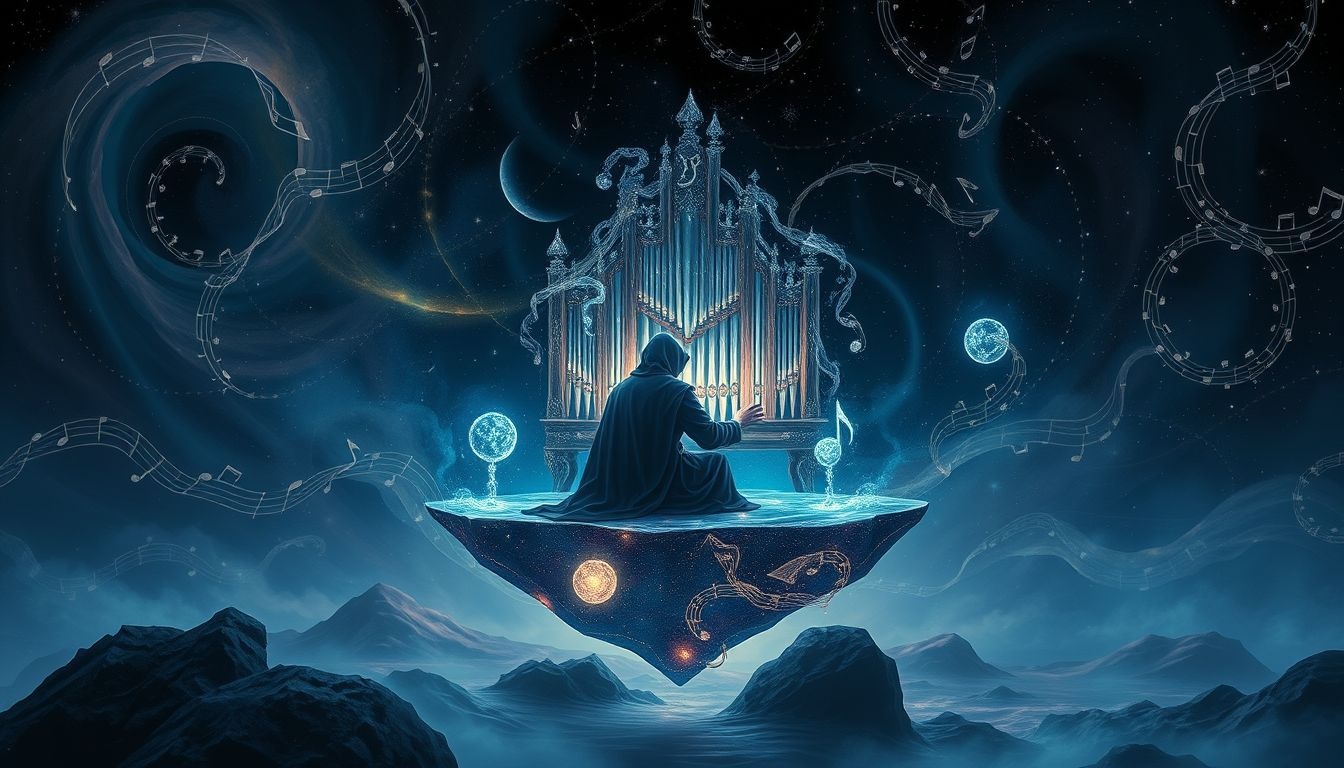 Een organist in zwart symboliseert vaak innerlijke rust en contemplatie.