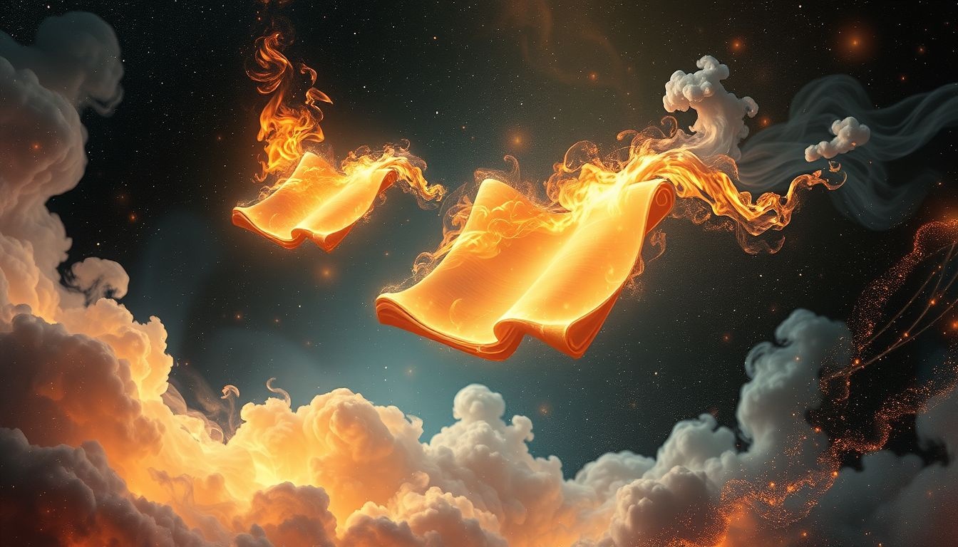 Een brandend zondenregister symboliseert zuivering en loslaten van schuld.