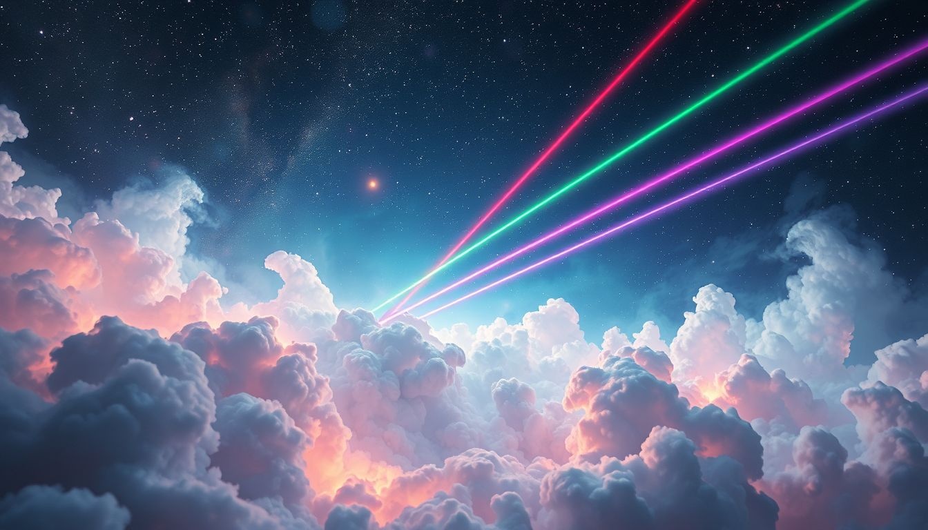Meerdere gekleurde laserstralen symboliseren diverse levensdoelen en energieën.