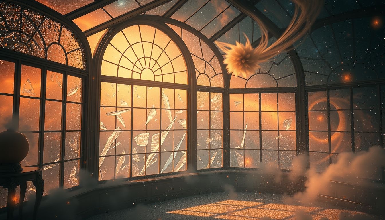 Gebroken ramen in een oranjerie symboliseren kwetsbaarheid en verandering.