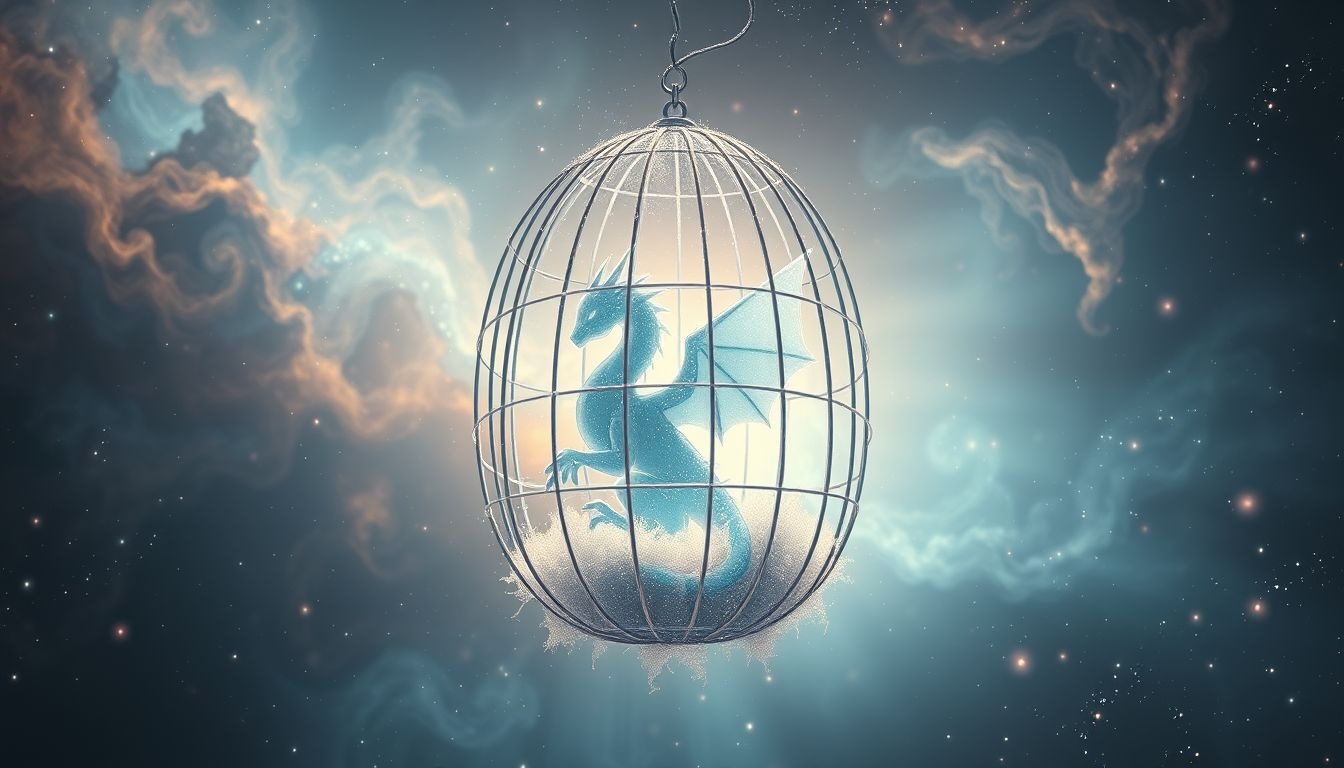 Een wyvern in een kooi symboliseert ingehouden krachtige emoties.