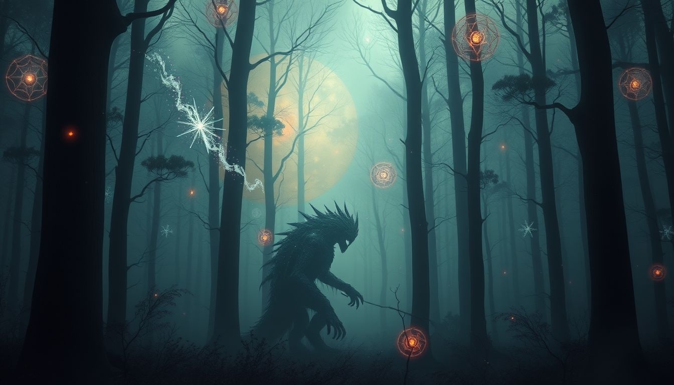 Een bosmonster symboliseert vaak verborgen angsten en bedreigingen.