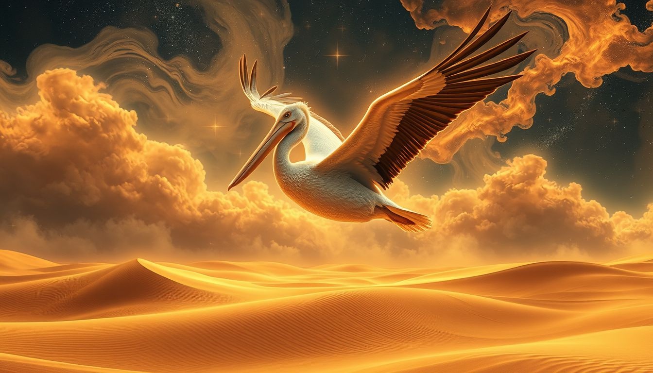 Een pelikaan in woestijn symboliseert onverwachte hoop en overleving.