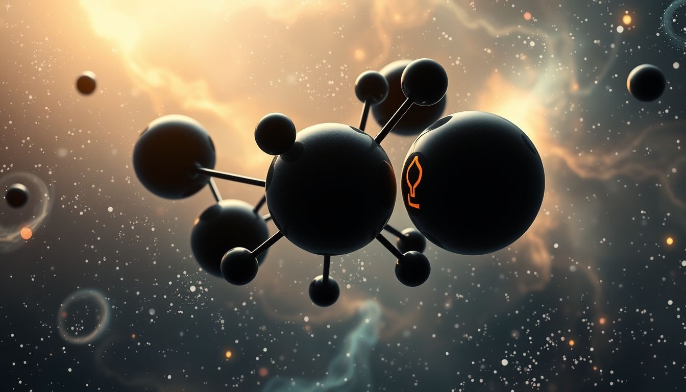 Zwarte atomen symboliseren verborgen angsten en innerlijke duisternis.