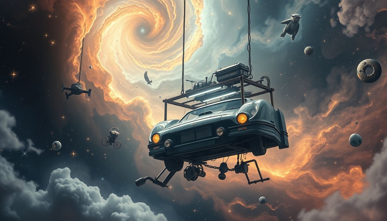 Een autoreparatiewerkplaats in een droomlandschap symboliseert innerlijke transformatie.