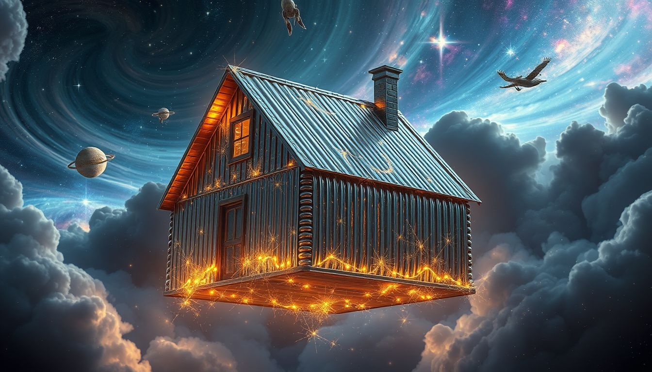 Een blikken huis symboliseert vaak kwetsbaarheid en tijdelijke veiligheid.
