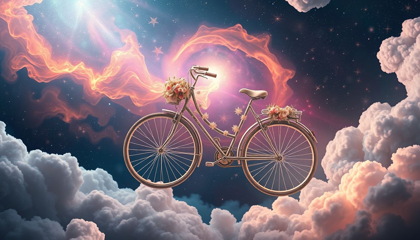 Een versierde fiets symboliseert persoonlijke groei en creatieve uitdrukking.