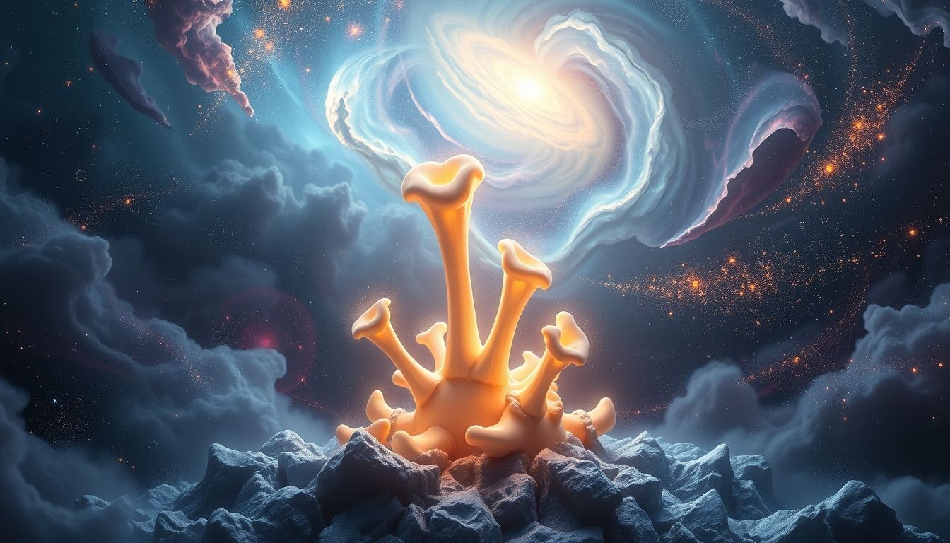 Teruggroeiende beenderen symboliseren heling en nieuw levensbegin.