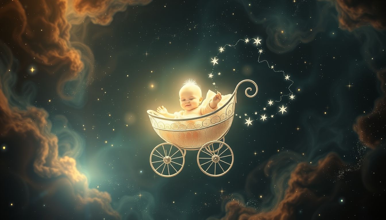 Een lachende baby in kinderwagen symboliseert nieuw geluk en hoop.