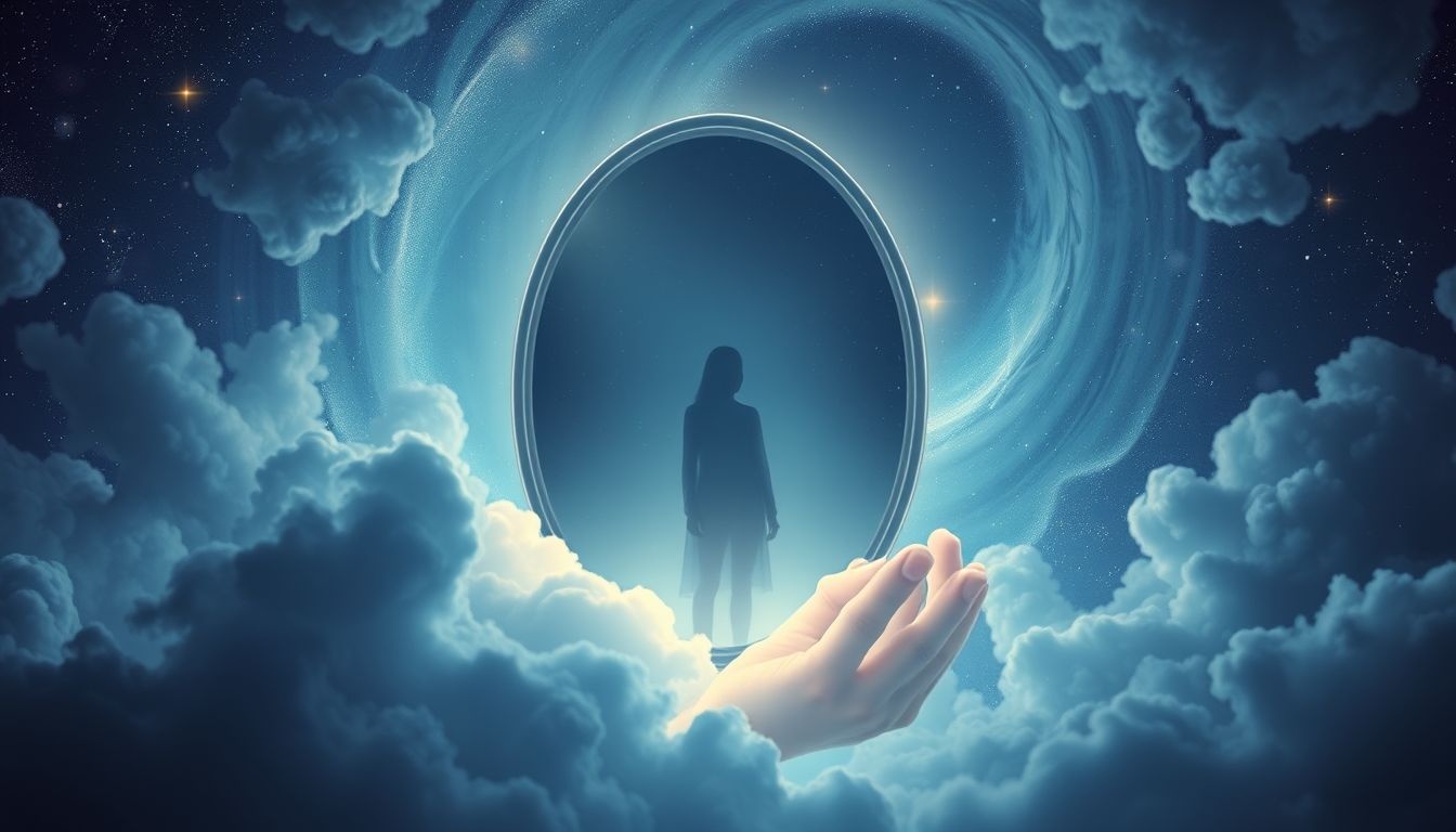 Je eigen spiegelbeeld als vreemde symboliseert innerlijke onzekerheid en zelfontdekking.