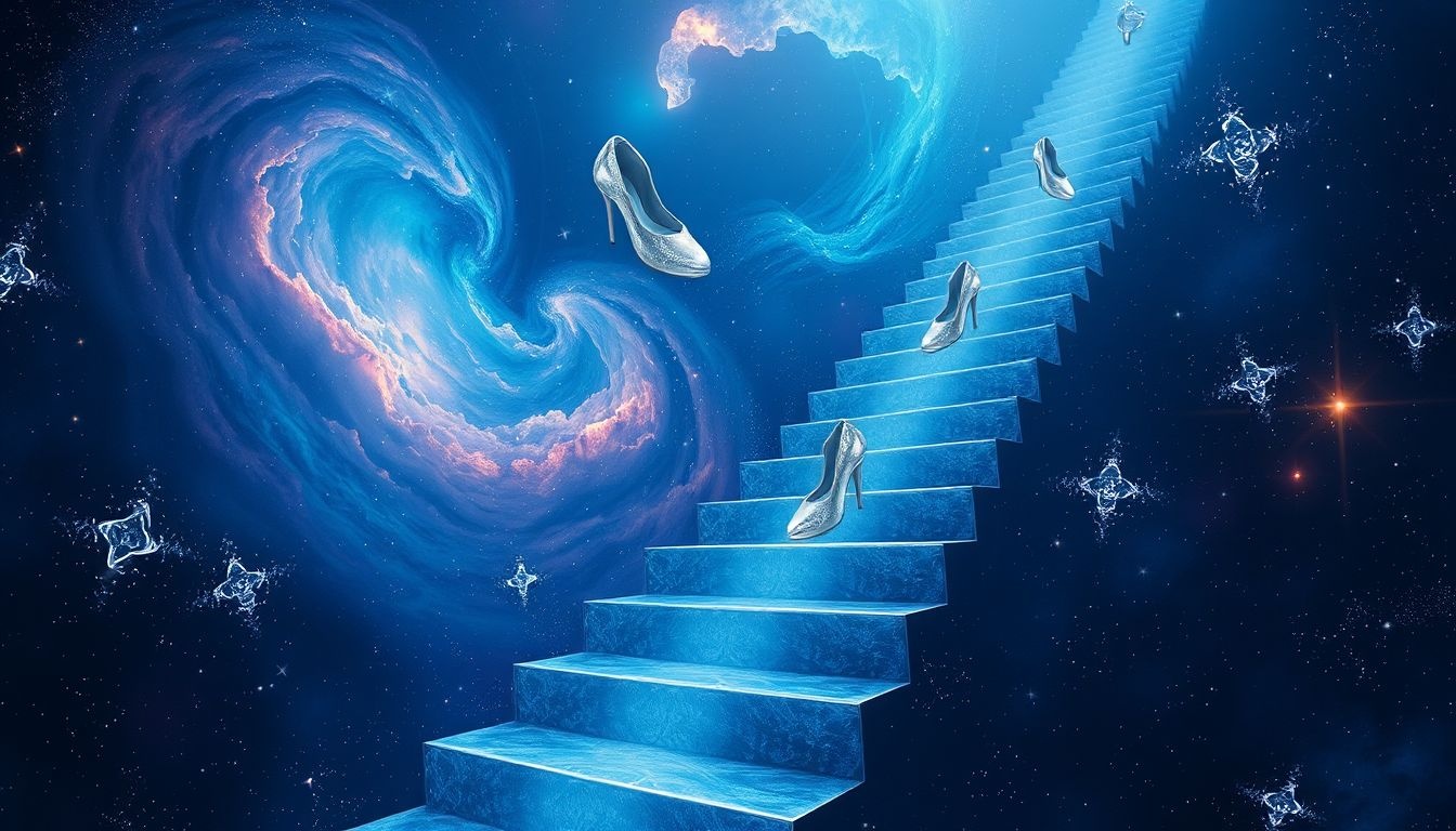 Glimmende schoenen symboliseren zelfvertrouwen bij het beklimmen van obstakels.