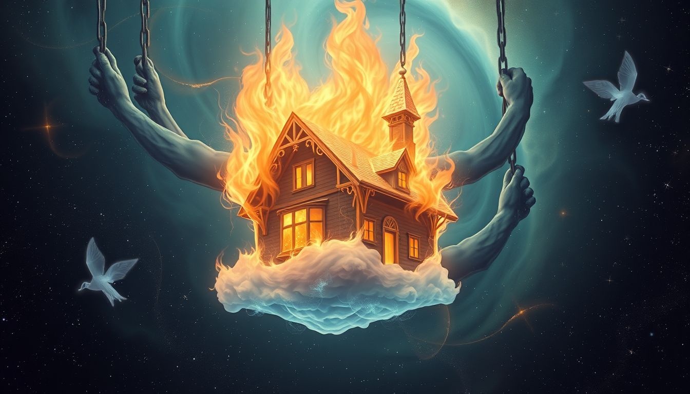 Een brandend huis met hypotheek symboliseert financiële stress en transformatie.