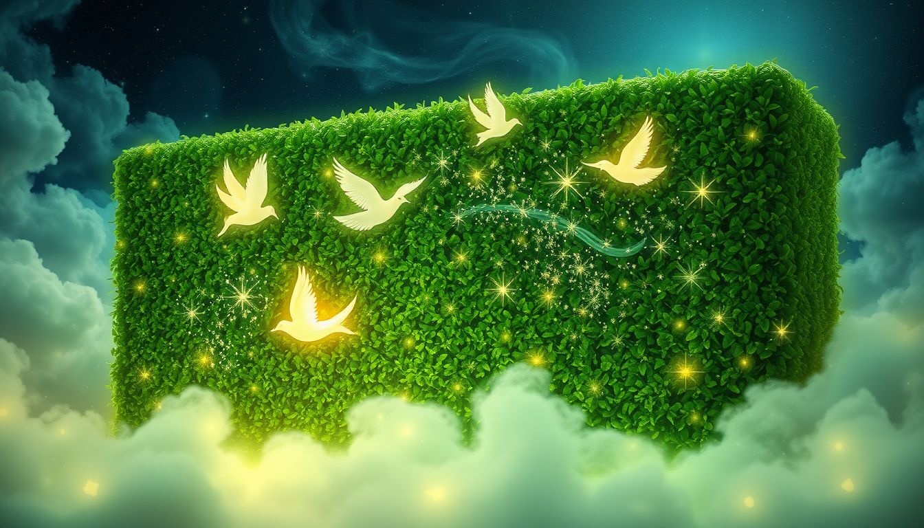 Een buxusheg vol vogels symboliseert vrijheid en innerlijke vreugde.