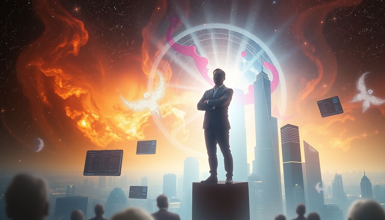 Een presentatie in een metropool symboliseert ambitie en zelfvertrouwen.